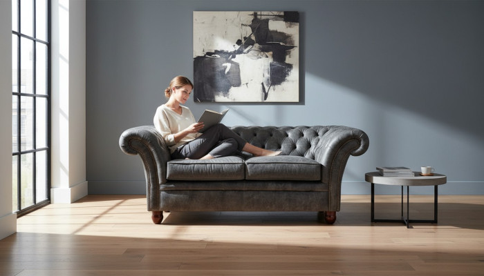 Sofá Chesterfield de tela y cuero, conjunto de muebles tapizados, sofá de dos plazas.