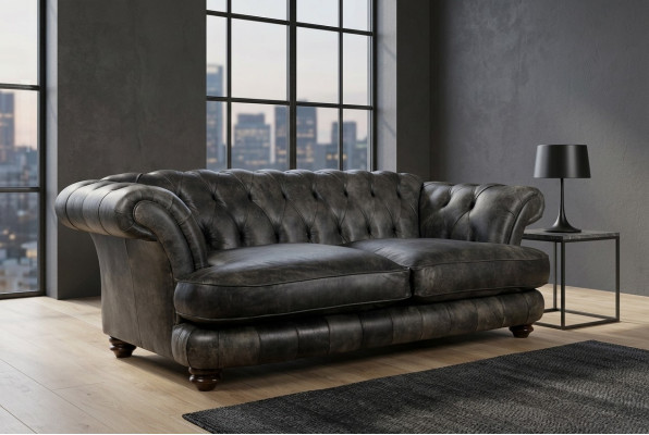 Sofá Chesterfield Big Xxl % Cuero Negro de 3 plazas en estilo vintage