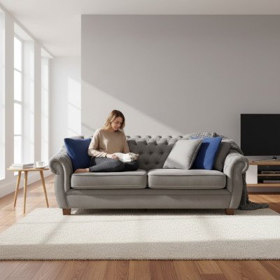 Chesterfield tela tapizada de tres plazas sofá de salón diseño textil