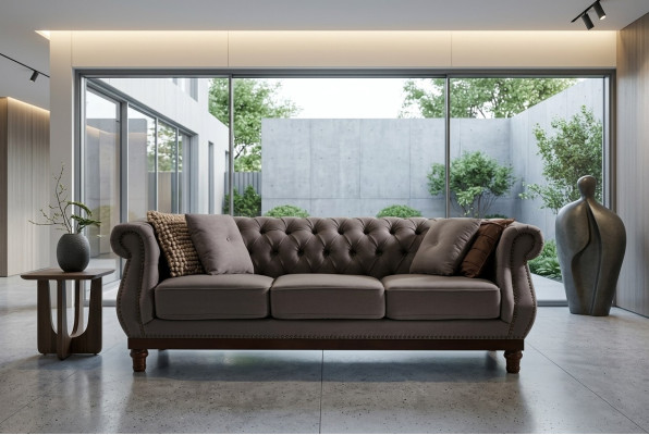 Sofá Chesterfield gris, sofá tapizado de tela de diseñador de 3 plazas