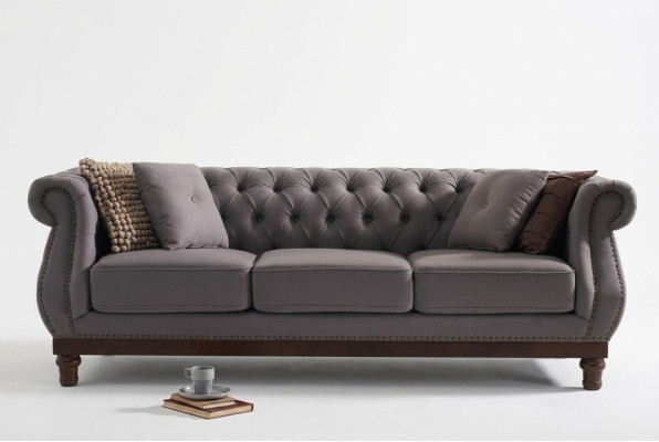 Sofá Chesterfield gris, sofá tapizado de tela de diseñador de 3 plazas