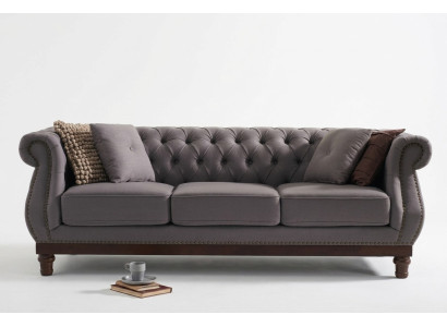 Sofá Chesterfield gris, sofá tapizado de tela de diseñador de 3 plazas