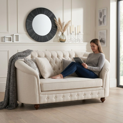 Sofá clásico de tela - Sofá Chesterfield de 2 plazas de tela beige Nuevo jvmoebel ®