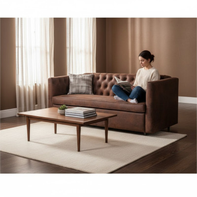 Sofá Chesterfield estilo americano de cuero marrón de tres plazas.