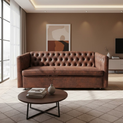 Sofá Chesterfield estilo americano de cuero marrón de tres plazas.