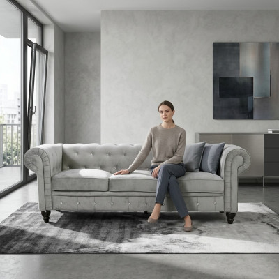 Sofá de diseño de lujo Chesterfield gris de 3 plazas