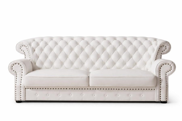 Sofá Chesterfield de tres plazas blanco con respaldo alto, hecho a mano en cuero.