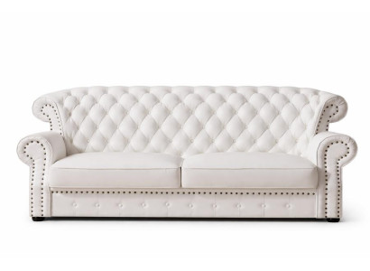 Sofá Chesterfield de tres plazas blanco con respaldo alto, hecho a mano en cuero.
