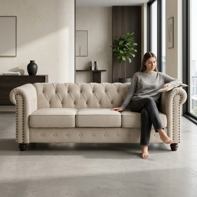 Sofá Chesterfield de tela y cuero, sofá acolchado de 3 plazas.