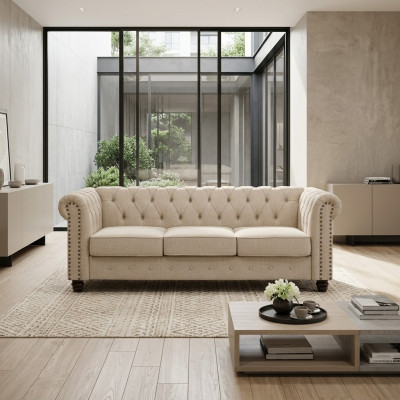 Sofá Chesterfield de tela y cuero, sofá acolchado de 3 plazas.
