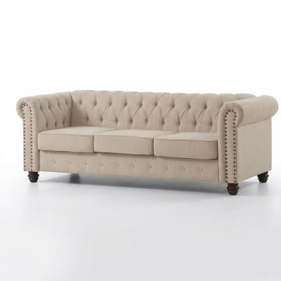 Sofá Chesterfield de tela y cuero, sofá acolchado de 3 plazas.