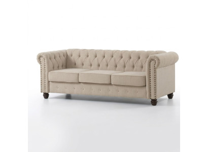 Sofá Chesterfield de tela y cuero, sofá acolchado de 3 plazas.