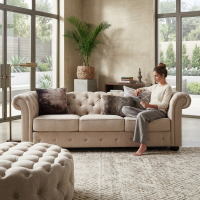 Muebles de estilo rústico - Conjunto de sofás Chesterfield de 3 plazas + 2 plazas de tela.