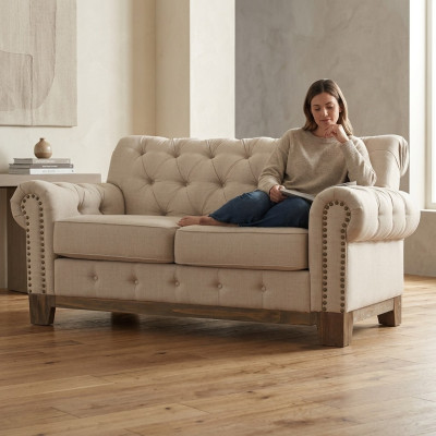 Chesterfield 2 plazas Clásico de lujo con estructura de madera natural Sofá de tela de cuero