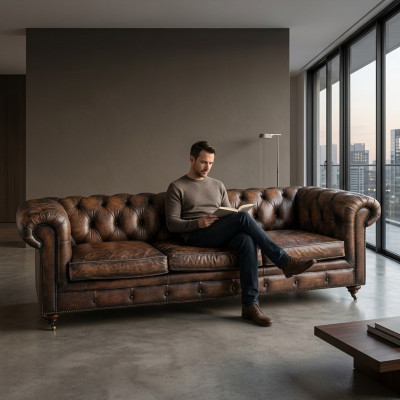 Sofá de cuero Chesterfield marrón de 3 plazas estilo inglés.