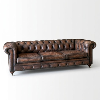 Sofá de cuero Chesterfield marrón de 3 plazas estilo inglés.