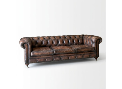Sofá de cuero Chesterfield marrón de 3 plazas estilo inglés.