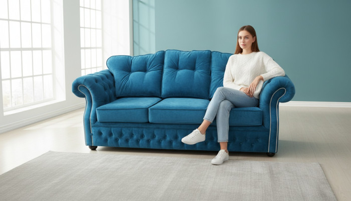 Sofá de tres plazas con tapizado de tela Chesterfield azul para salón diseño