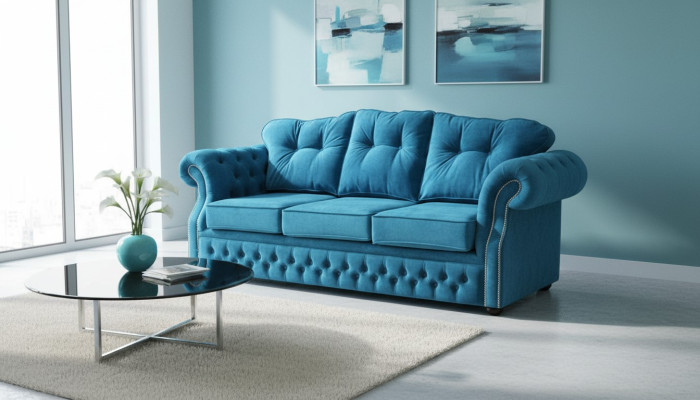 Sofá de tres plazas con tapizado de tela Chesterfield azul para salón diseño
