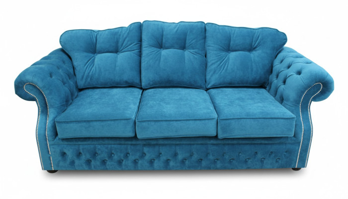 Sofá de tres plazas con tapizado de tela Chesterfield azul para salón diseño