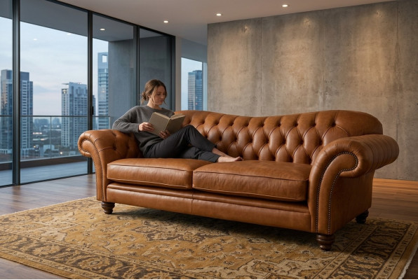 Sofá de lujo Chesterfield de tres plazas marrón para la sala de estar.