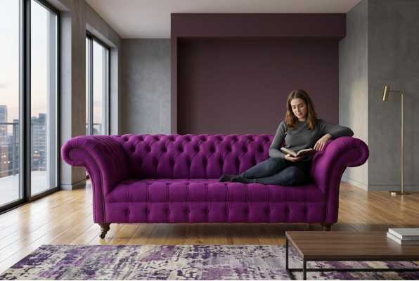 Chesterfield sofá de 3 plazas clásico de lujo en morado, rosa y rosa tejido.
