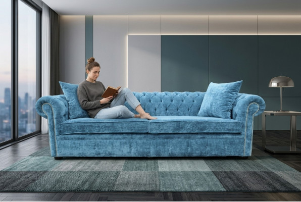 Sofá clásico para sala de estar - Azul Chesterfield tela sofá de 3 plazas jvmoebel ®