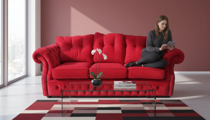 Tela de Chesterfield rojo para el sofá de la sala de estar de tres plazas.