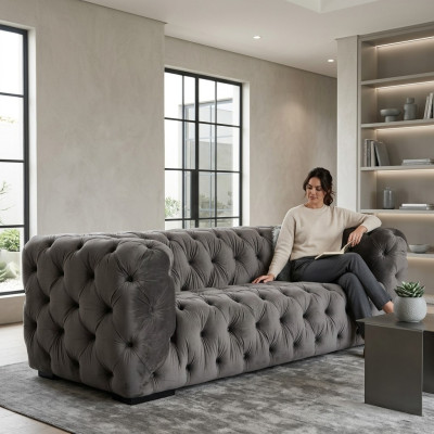 Sofá Chesterfield de tres plazas en gris, estilo acolchado muebles.
