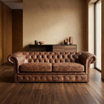 Braun Chesterfield 3 plazas Clásico sofá de lujo barroco de tela de cuero estilo de sofá.