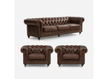 Sofá de 3 plazas + 1 sillón tapizados en tela y cuero, estilo Chesterfield, nuevos.
