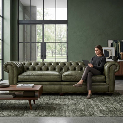 Elegante sofá de salón Chesterfield de cuatro plazas de cuero y tela, nuevo