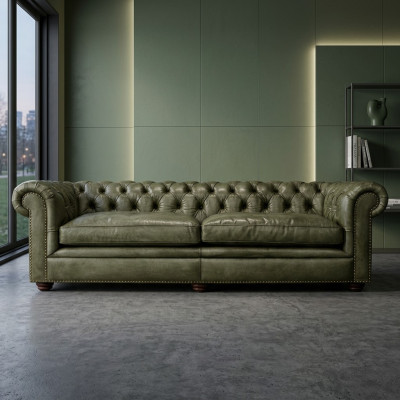 Elegante sofá de salón Chesterfield de cuatro plazas de cuero y tela, nuevo