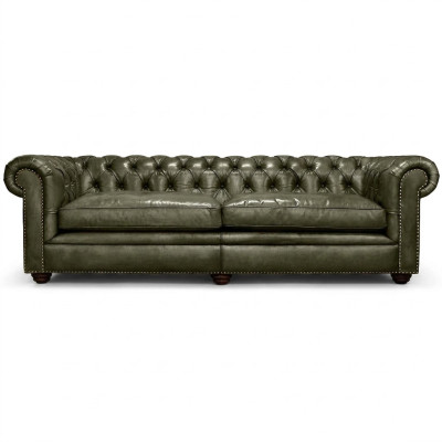 Elegante sofá de salón Chesterfield de cuatro plazas de cuero y tela, nuevo