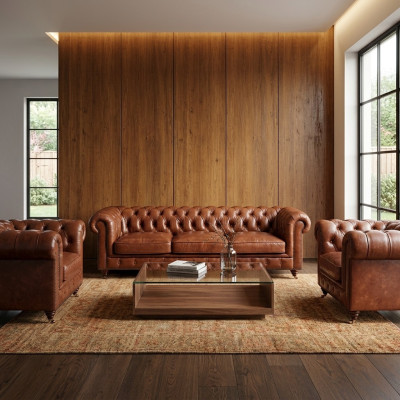 Conjunto de sofás de 3+1+1 plazas Sofá Chesterfield de lujo clásico de cuero.