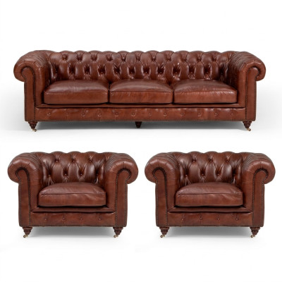 Conjunto de sofás de 3+1+1 plazas Sofá Chesterfield de lujo clásico de cuero.