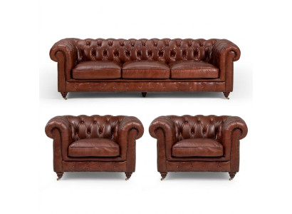 Conjunto de sofás de 3+1+1 plazas Sofá Chesterfield de lujo clásico de cuero.