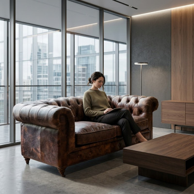 Sofá Chesterfield Club de Hombres marrón de cuero de tres plazas.