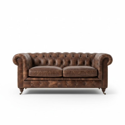 Sofá Chesterfield Club de Hombres marrón de cuero de tres plazas.