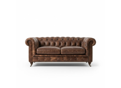 Sofá Chesterfield Club de Hombres marrón de cuero de tres plazas.