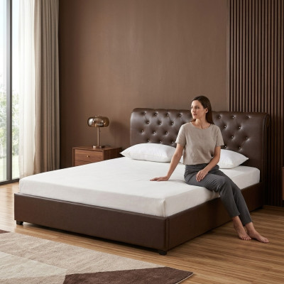 Moderna cama doble Chesterfield marrón de diseño para dormitorio