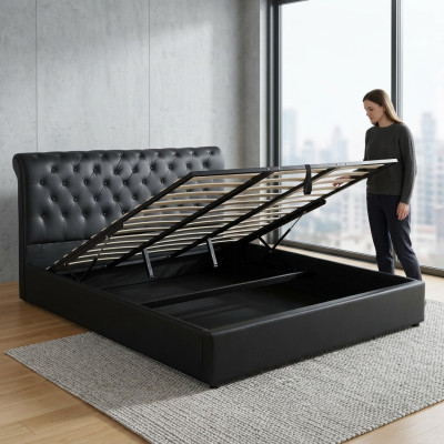 Cama tapizada de lujo Chesterfield en negro diseño de cama doble de diseñador.