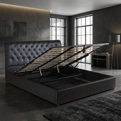 Cama tapizada de lujo Chesterfield en negro diseño de cama doble de diseñador.