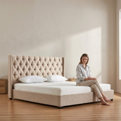 Dormitorio beige camas acolchadas cama Chesterfield textil tela nuevo