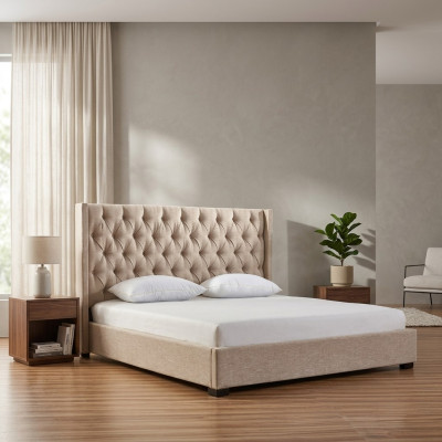 Dormitorio beige camas acolchadas cama Chesterfield textil tela nuevo