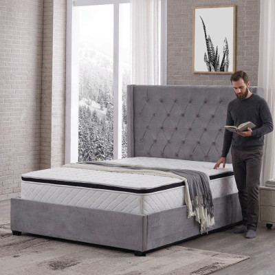 Cama Chesterfield cama tapizada de lujo, diseño de dormitorio, camas de tela de cuero nuevas