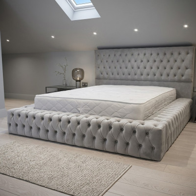 Chesterfield Gran Cama Gran Cabecero Camas Tapizadas Hotel Terciopelo Gris Tela Orejas