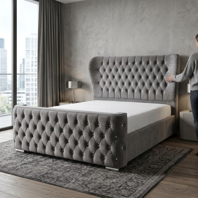 Diseño de cama Chesterfield en textil de cuero de terciopelo para camas de hotel en dormitorios.