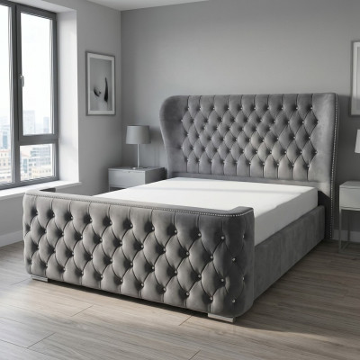 Diseño de cama Chesterfield en textil de cuero de terciopelo para camas de hotel en dormitorios.
