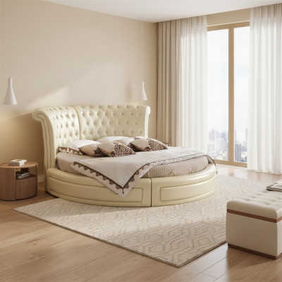 Cama redonda Chesterfield diseño redondo Dormitorio textil Cuero camas acolchadas